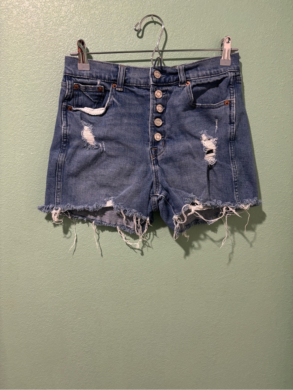GAP Distressed Button-Fly Denim Shorts in Blue